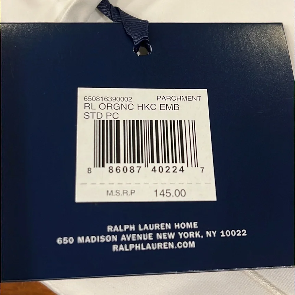 Ralph Lauren RL Organic Sateen Handkerchief Embroidery Standard Pillowcase x 2